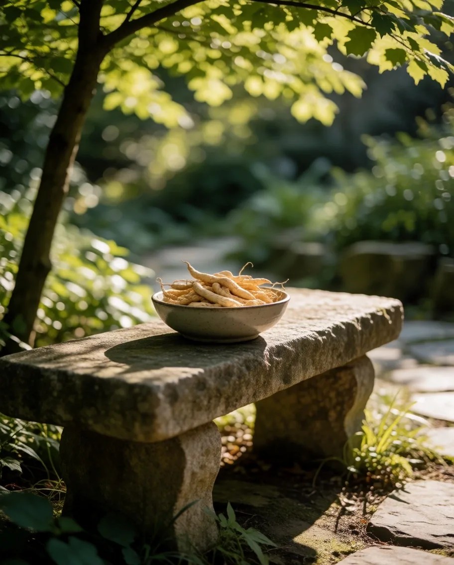 Korzeń ashwagandhy i żeń-szeń syberyjski na ceramicznym naczyniu