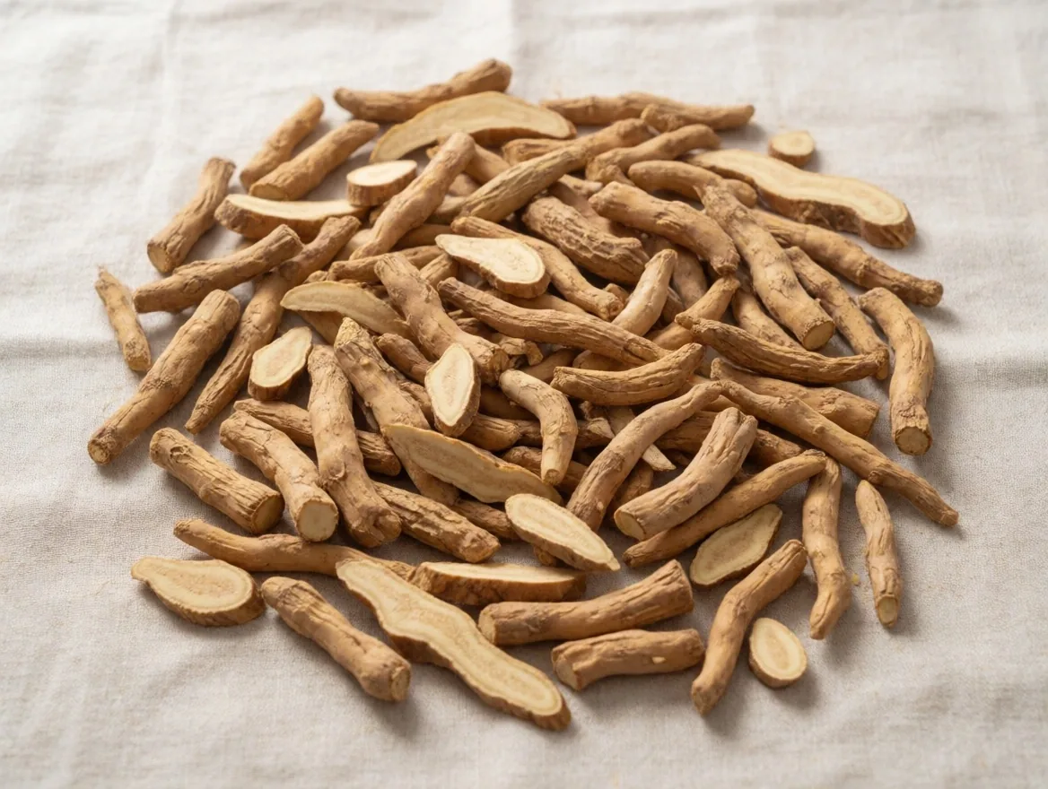 Suszone korzenie ashwagandhy w ceramicznej misce